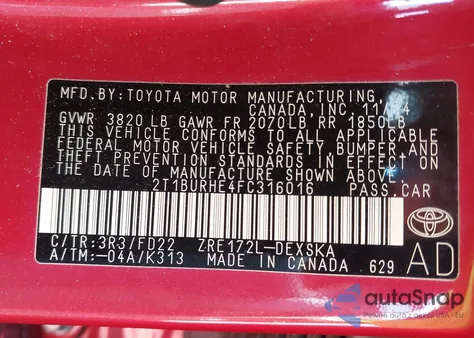 2015 Toyota Corolla S Plus from USA, damaged, VIN 2T1BURHE4FC316016